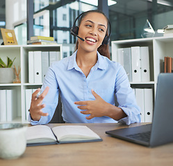 Image showing Call center, woman and video call on laptop in office for business telemarketing, sales or client management. Happy agent, consultant and telecom worker consulting, communication and talk on computer