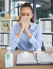 Image showing Allergy, nose and sick business woman in office for healthcare risk, career stress and safety of dust, covid 19 or virus. Allergies, tissue and medicine of corporate employee in workplace compliance