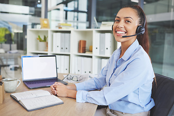 Image showing Call center, customer support and portrait of Latin woman at desk in corporate office on laptop, headset and smile. Receptionist, crm and friendly female consulting agent working in customer service