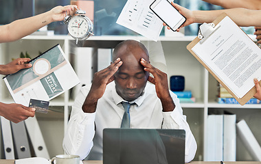 Image showing Headache, stress and businessman with documents in hands for time management, office administration and project proposal anxiety. Burnout, mental health or tired black manager on a laptop with chaos