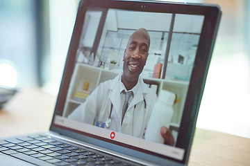 Image showing Healthcare, video call and consulting on laptop with doctor for patient advice, update and results. Communication, technology and internet app with male black doctor holding medicine recommendation.