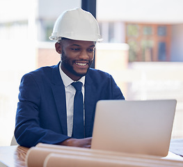 Image showing Black man, hard hat and laptop with internet, online search or planning for schedule. Young male, entrepreneur or engineer use pc, computer and check strategy for business, smile and startup company.