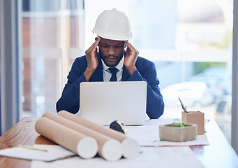 Image showing Headache, architecture and businessman in office on laptop for project management, planning or construction stress, anxiety or pain. Confused, focus or burnout black man contractor for mental health