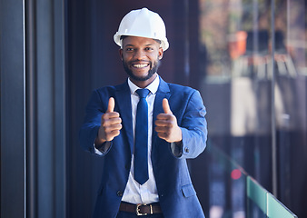 Image showing Black man, thumbs up and architect happy with success, happy or smile in architecture office. Support, welcome or thank you with industrial construction designer designing a building project at work