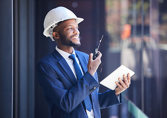 Image showing Businessman, tablet and talking on walkie talkie architecture design planning, engineering manager and industrial boss. Digital tech, black man and online conversation or construction management plan