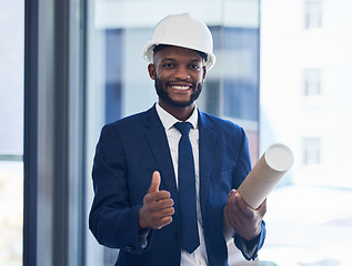 Image showing Thumbs up, happy engineer or architect black man with construction success goal target or plan. Support, thank you or construction worker with smile for architecture building design approval portrait