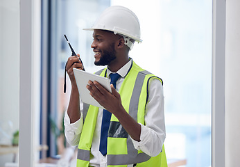 Image showing Engineer, walkie talkie and black man construction worker, building contractor or safety manager working on architecture logistics. African man, digital tech and online conmmunication for maintenance