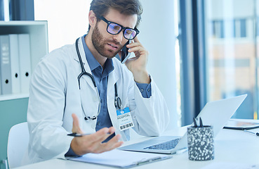 Image showing Phone call, office and doctor hospital communication, financial healthcare advice and insurance checklist for compliance, policy and trust. Question, finance and medical expert talking on smartphone