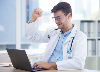 Image showing Health, doctor and yes with success and winner, medical achievement and man celebrate good test results on laptop. Health care professional, happy and winning with victory for medicine and technology