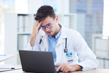 Image showing Doctor man, laptop or headache stress in hospital office or medical test results, life insurance fail or surgery planning crisis. Anxiety, mental health or burnout for healthcare worker on technology