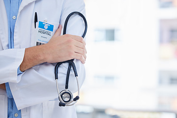 Image showing Healthcare, stethoscope and doctor in a hospital with mockup space in consultation room. Medical, service and closeup of professional surgeon after surgery in medicare clinic or center with copyspace