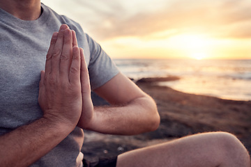 Image showing Beach, meditation and hands praying of fitness, yoga or training man in morning sunrise on the horizon for healing, peace and zen. Calm, spiritual and pilates man prayer sign in nature, sea or ocean