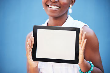 Image showing Tablet, mockup and screen with hands of black woman for digital, social media and website. Communication, technology and internet with girl for contact, online and networking in blue background