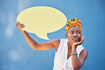 Image showing Black woman, fashion or thinking with speech bubble on blue background with city vote, innovation or ideas. Blank placard, poster billboard or voice mock up for bored student in stylish trend clothes