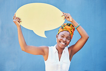 Image showing Black woman with speech bubble or mockup for social media advertising, marketing or sale communication. Blue background, brand or startup girl with smile for feedback review, vote or voice opinion