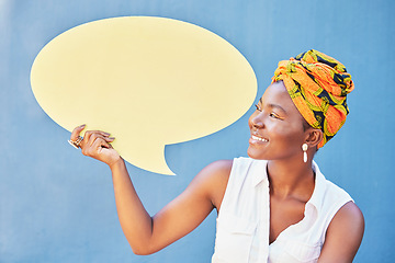 Image showing Speech bubble, black woman and mockup of advertising, communication or voice review on blue background. Happy girl, feedback and marketing space of product placement, announcement or information sign