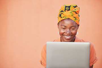 Image showing Laptop, studio and african black woman with fashion, cosmetics and makeup internet search, website information or e commerce promotion. Marketing, advertising and happy woman working on pc technology