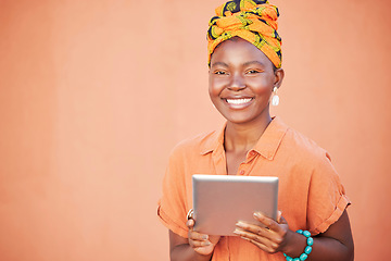 Image showing Black woman, tablet and marketing, advertising portrait with technology mockup against orange studio background. Internet, online connection and wifi, 5g network in Nigeria and digital product promo.