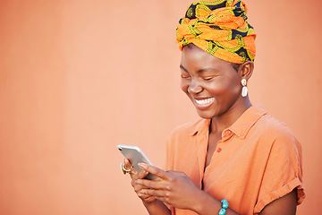 Image showing Black woman, smartphone and typing for communication, social media and connection with smile on studio background. Female, Jamaican lady and phone to search internet, online reading and mockup.