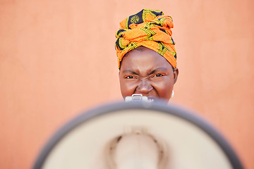 Image showing Megaphone, angry and portrait of black woman shout for democracy vote, justice and BLM protest mock up. Racism speech, noise and mockup face of African speaker with microphone announcement for change