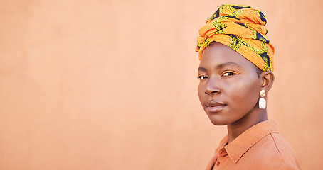 Image showing Portrait, black woman and head scarf with cosmetics, natural beauty and mockup on studio background. Jamaican female, girl and lady with traditional turban, relax and makeup for smooth and clear skin