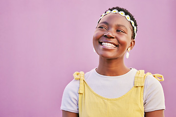 Image showing Black woman, beauty and flower headband on a pink background with a smile, happiness and hope for future, freedom and goals. African model face thinking for motivation, skincare and spring cosmetics