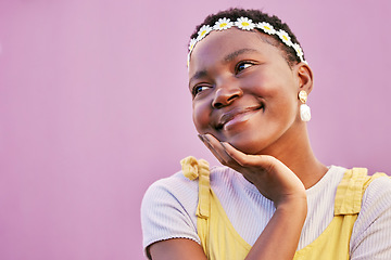 Image showing Black woman, smile and face thinking, happy and daydream in spring, fashion and purple wall background. Gen z girl, african and young female with happiness, positive mindset and mockup space outdoor