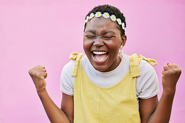 Image showing Happy, black woman and excited, success and winner scream yes, celebrate and cheers against pink background. Happiness, motivation and positive mindset with win and achievement with fist and mockup.