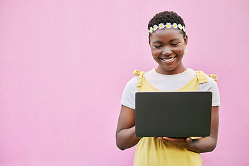 Image showing Black woman, laptop and typing to search internet, social media and connection on studio background. Female, Jamaican lady and device for conversation, online reading and relax for planning or mockup