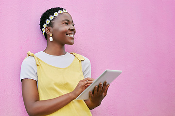 Image showing Black woman with tablet, marketing and advertising of digital product, thinking and freedom with youth in Kenya with ux and 5g network. Technology mockup, internet user promotion and pink background.