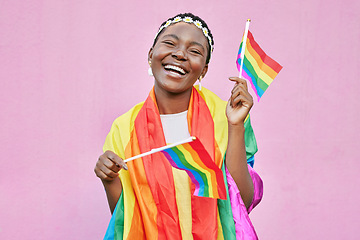 Image showing Pride, lgbtq and black woman with flag, rainbow and advocate for lgbt rights and queer community mockup. Happy woman, equality and freedom with support and sexuality, activism and advocate portrait