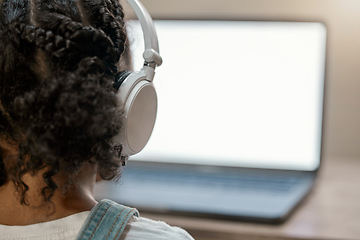 Image showing Girl, headphones and laptop screen in elearning education, homeschool class or study support in house lockdown or quarantine. Zoom, headset and child on student technology software with mock up space