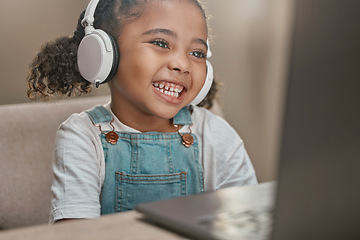 Image showing Education, learning and laptop with girl and headphones for video call, knowledge and homeschooling. Virtual classroom, online courses and remote with child student listening to teacher for lesson