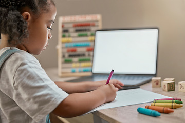 Image showing Home school, blank computer and girl writing in a study notebook learning for child development. Online eduction, technology and kid working with a pencil on a pc student app for education in a house