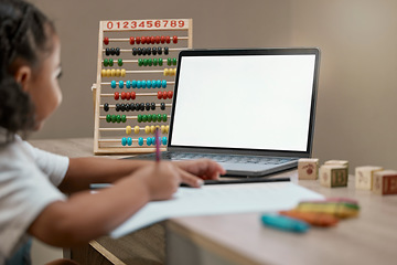Image showing Child, blank laptop and homework for distance learning and online education during math lesson. Abacus, pc and elearning with a little girl streaming her internet class for mathematics and writing