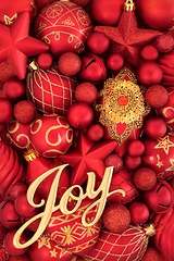 Image showing Christmas Joy Sign and Red Gold Bauble Ornaments 