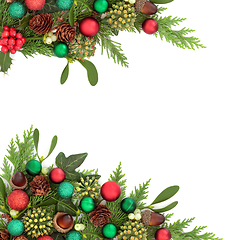 Image showing Christmas Winter Background Frame with Greenery and Baubles