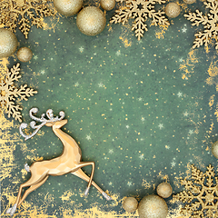 Image showing Gold Green Grunge Christmas Reindeer Background Border 