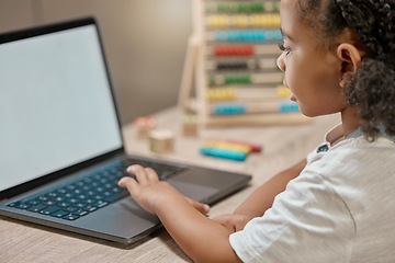 Image showing Girl learning, home and laptop for study, e-learning or video education at desk with in house. African female, child student and computer with tech, web or app in home school, development or studying