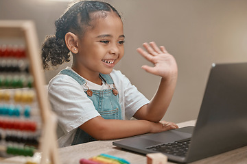 Image showing Wave, laptop or girl elearning math for education, child development or knowledge in online class at home. Smile, kid or happy kindergarten student ready for assessment test or studying on video call