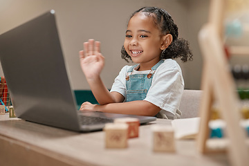 Image showing Child, waving or laptop video call for homeschool education, e learning support or lockdown class in house or home living room. Smile, happy or greeting hand gesture for student on technology webinar