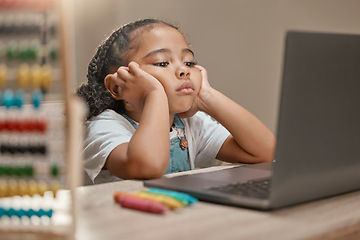 Image showing Sad, education and child with laptop for school, studying online and listening on a video call class from home. Tired, adhd and bored girl with a computer for learning problem and e learning