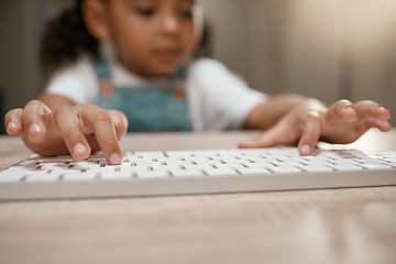 Image showing Hands, keyboard and education with a student girl typing while remote or distance learning from home. Laptop, study and kids with a female child in her house for learning, studying or development
