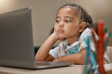 Image showing Homework, laptop and bored child distance learning from home looking unhappy with education. Connection, internet and pc for elearning with a little girl attending boring online lesson to study