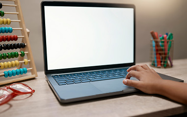 Image showing Elearning, laptop and green screen for homeschool class with mockup in online classroom. Education, internet and educational video streaming service for kindergarten child development for home school