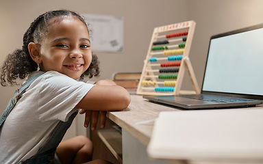 Image showing Laptop, mockup or girl learning math at home via elearning or online class for numbers education or knowledge. Happy, portrait or child studying for assessment test on pc screen with marketing space