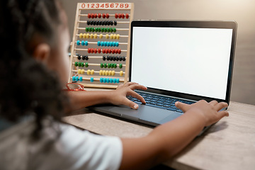 Image showing Laptop, elearning and girl in homeschool math class with green screen or mockup online classroom. Education, internet and video streaming service for kindergarten child development for home school.