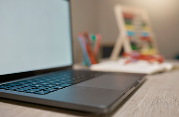 Image showing Laptop screen, online and mockup space, elearning and logo branding on table for homeschool, homework and study. Pc, technology and e learning, education and abacus toy on desk in room with zoom