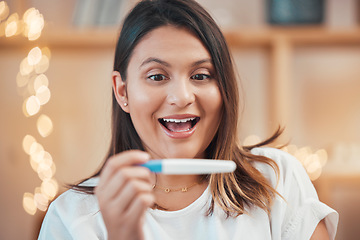 Image showing Wow, excited or woman with pregnancy test results by reading a fertility stick at home with a happy smile. Face, pregnant or surprised person in maternity shocked by motherhood or future family news