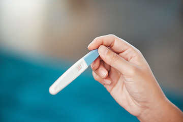 Image showing Hands, pregnancy test and news with positive results for pregnant, lines or information at home on mockup. Hand holding maternity testing stick for confirmation, mother to be or pregnancy sign